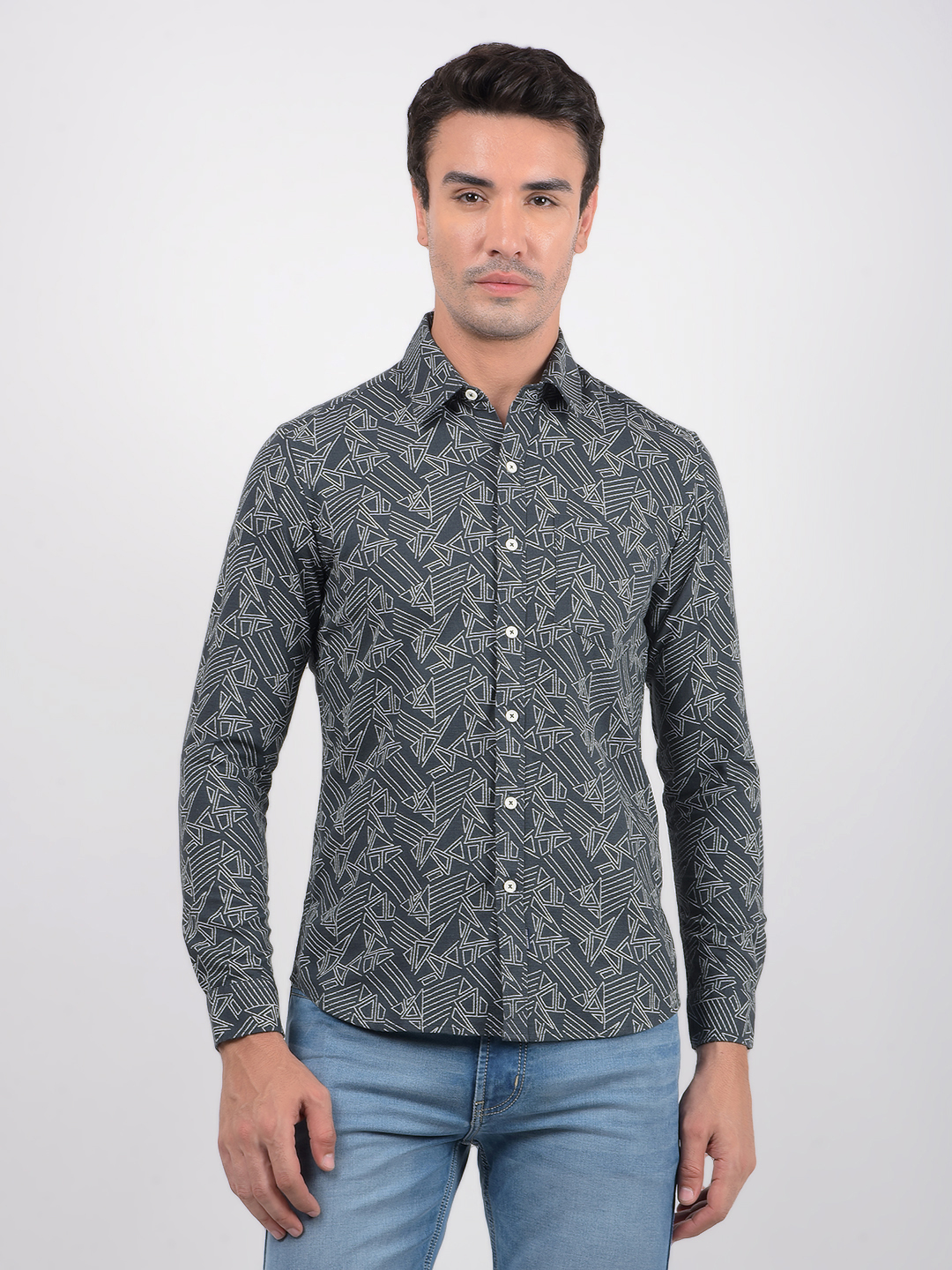 Numero Uno Men Geometric Print Grey Shirt